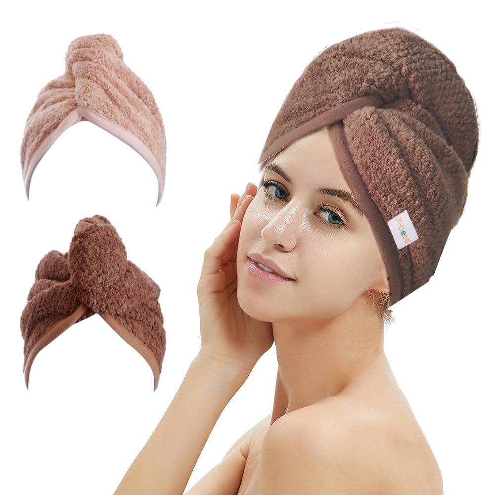 2 Pack Microfiber Hair Towel Wrap,Hair Drying Towel with Button, Towel Turban,Head Towel to Dry Hair Quickly (Pink&Beige)